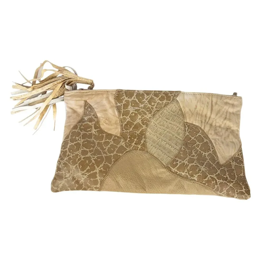 Vintage Lee's Handbags Tan‎ Animal Print Leather Patchwork Tassel Zip Clutch Bag